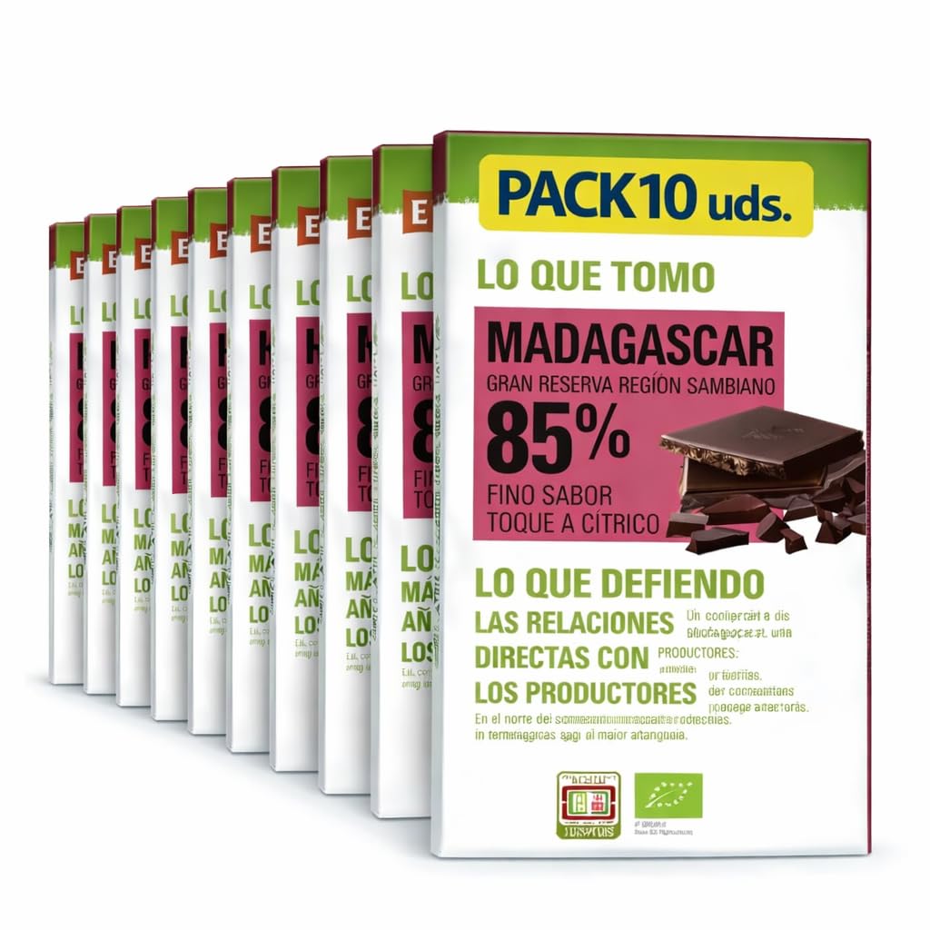 Pack 10x Chocolate Negro 85% Madagascar Ethiquable Bio 100 g | 10 Tabletas de 100 g (Total 1 kg) | Cacao Ecológico de Origen Madagascar | Sabor Intenso y Aromático | Comercio Justo