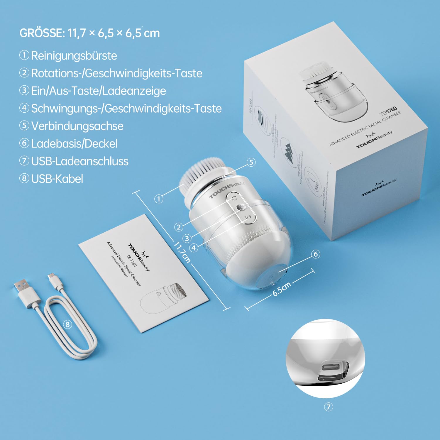 TOUCHBeauty Weihnachtsgeschenke Wasserdichte Elektrische Gesichtsbürste Gesicht mit 2 Bürstenkopf,6 Stufigen Rotations für Haut Tiefenreinigung Sanfte Exfoliation,Aufladbar AG-1760