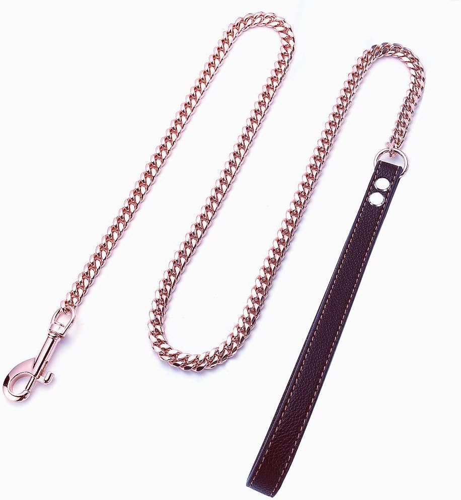 Rose Gold Dog Chain Leash 10MM 14MM Curb Cuban Link Chain Dog Leash Strong Chew Proof Stainless Steel Leash 3FT/4FT/5FT for Small Medium Large Dogs(10mm,5ft)…