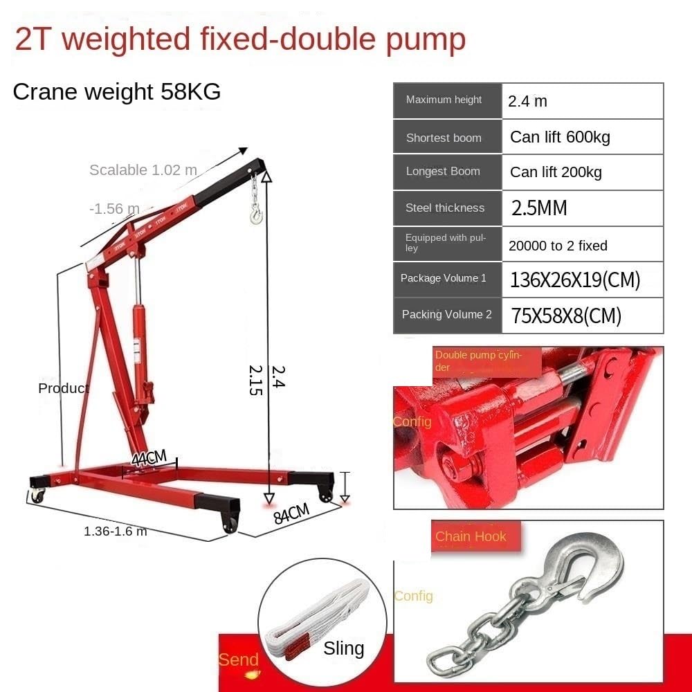 Gru Idraulica Pieghevole, Paranco per Motori di Automobili, Sollevamento Motori, capacità 2T/3T, Attrezzo per Cric Mobile da 2/3 Tonnellate（2T Weight Fixed 58Kg）