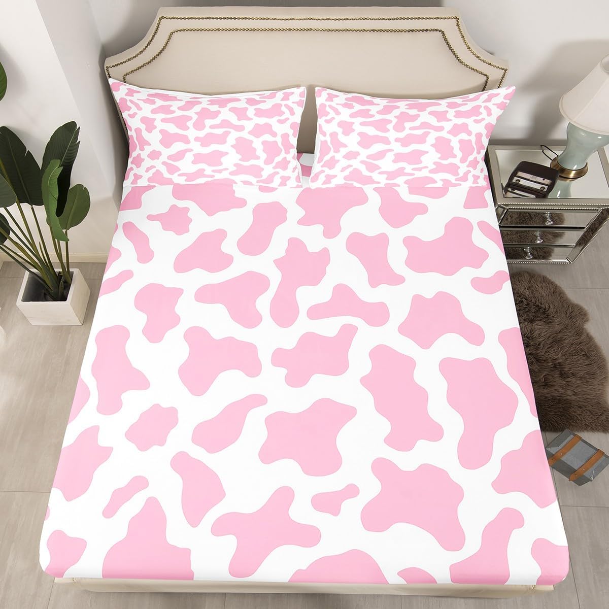 Kid Cartoon Fitted Sheet Pink Cow Print Bedding Sets Twin,Milk Cow Animal Cowhide Bed Sheets Farm Animals Bedding Decor Set for Toddler Teen Boys Girls Farmhouse Bull Cattle Kawaii Room Decor