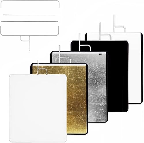 Selens Juego de reflectores de panel de bandera de metal con cubierta dorada, plata, negro, blanco suave y difusor, reflector de luz de panel para