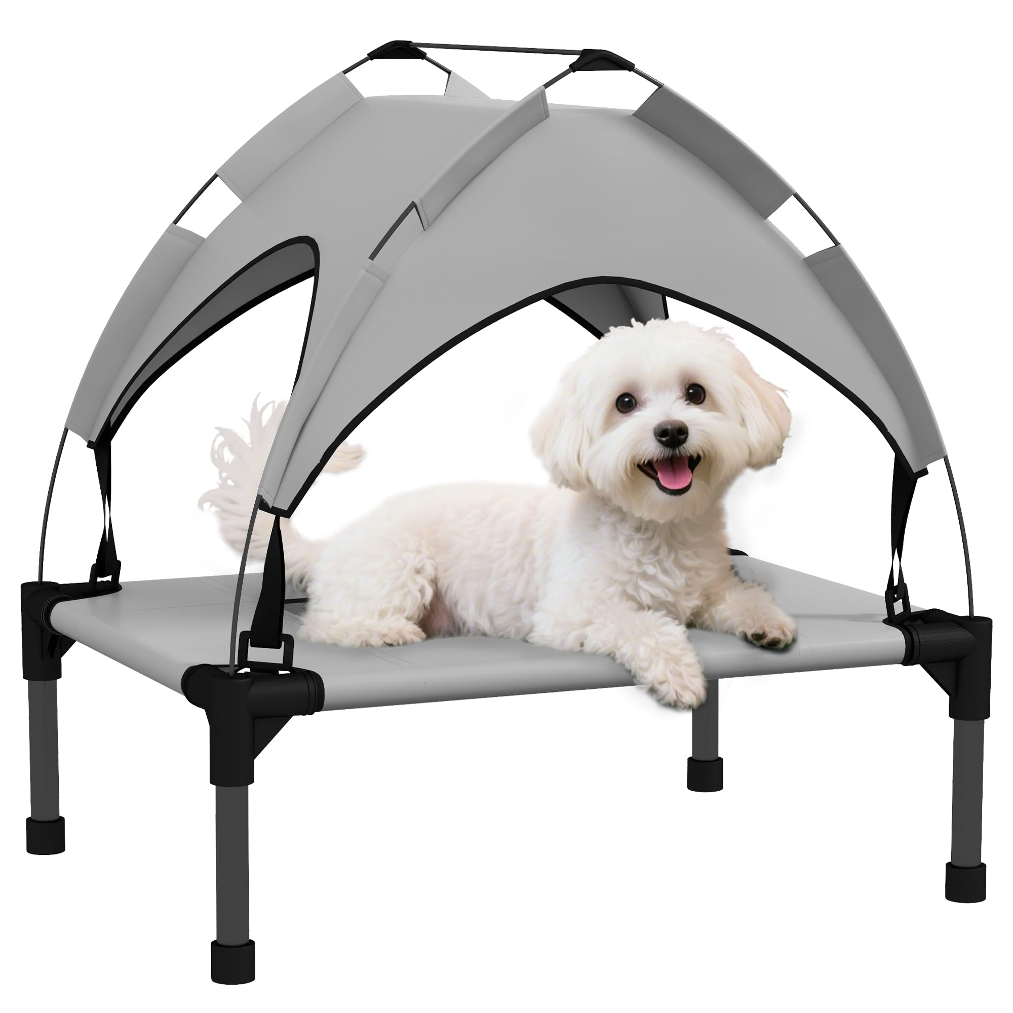 PawHut Cooling Raised Dog Bed, Elevated Pet Bed with Breathable Mesh, UV Protection Canopy, Foot Pads, for Indoor Outdoor, Mini, Small Dog, 61 x 46 x 63cm - Light Grey