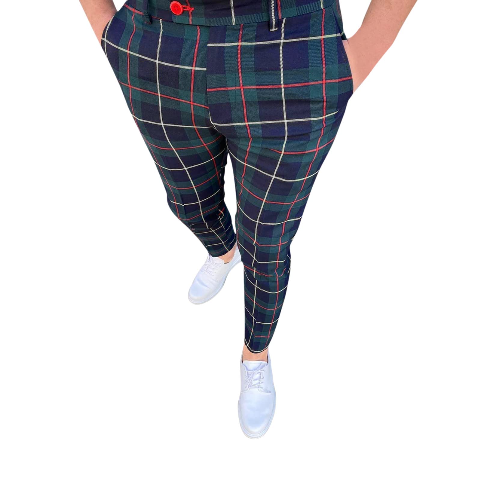 Mens Casual Plaid Print Pencil Pants Zipper Elastic Waist Pants