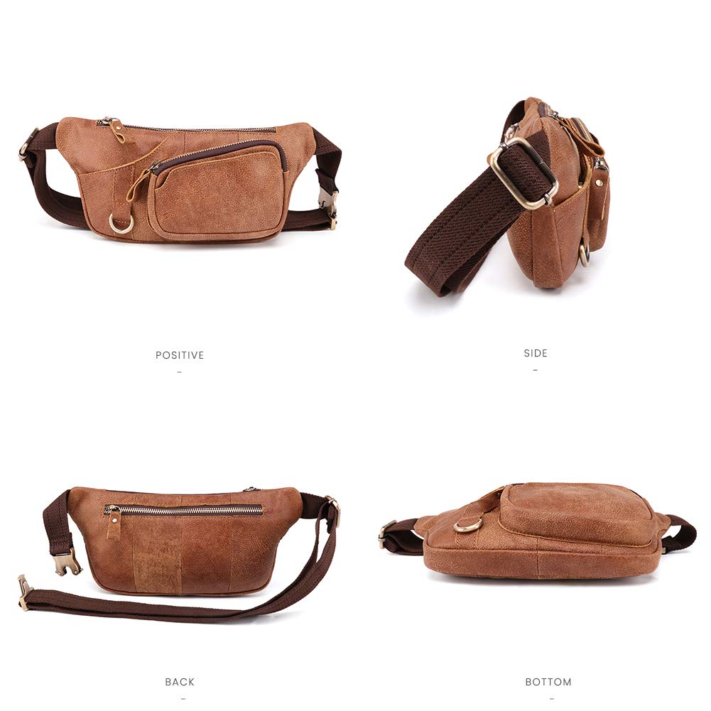 BAIGIO Riñonera de Cuero Hombre Mujer de Moda Bolsa Cinturón Piel Vintage Bolsos para Teléfonos Bandolera Multifuncional Bolsillos Ajustable Bolso de Cintura Casual Viajar Acampada (Marrón)