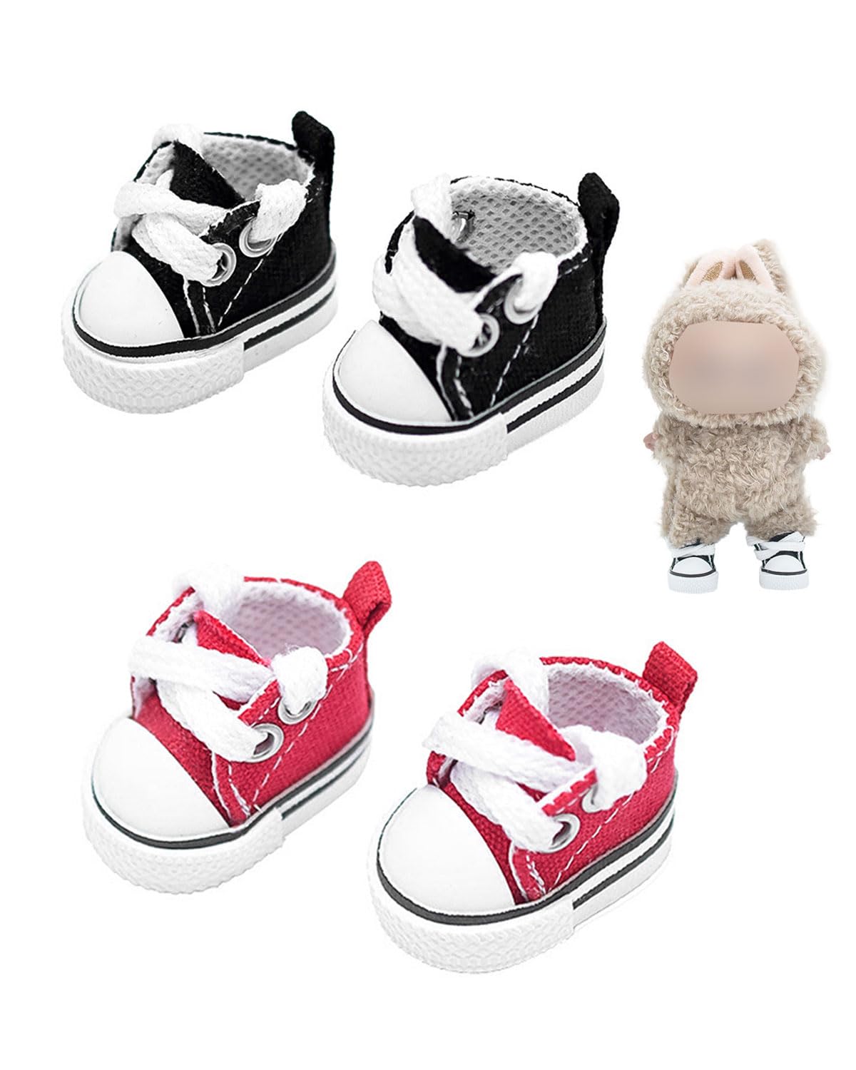 2 Paires Chaussures pour Mini-Poupées, Baskets Mignonnes Toile à Lacets pour Peluches de 17cm/15cm Chaussures Fingerboard Accessoires de Tenue (Noir, Rouge)