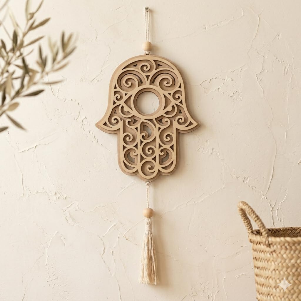 Laser Cut Wooden Hamsa Hand Wall Hanging, Birch Plywood and MDF Board, 7 x 5.5 Inch, Boho Decor with Tassel-image-16