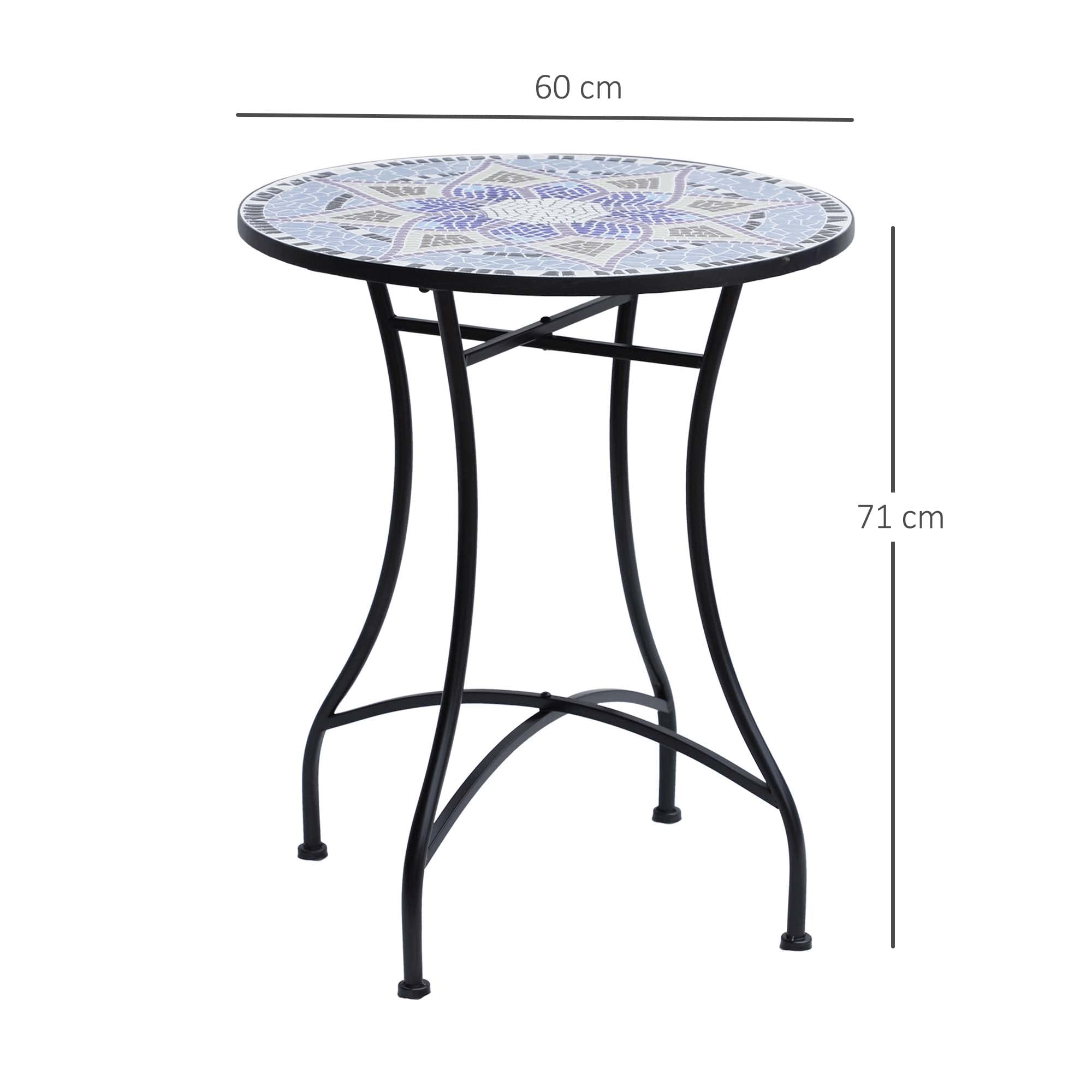 Outsunny Gartentisch Mosaiktisch Balkontisch Beistelltisch Seviertisch rund Stahl + Keramik Blau + Weiß Ø60 x H71 cm