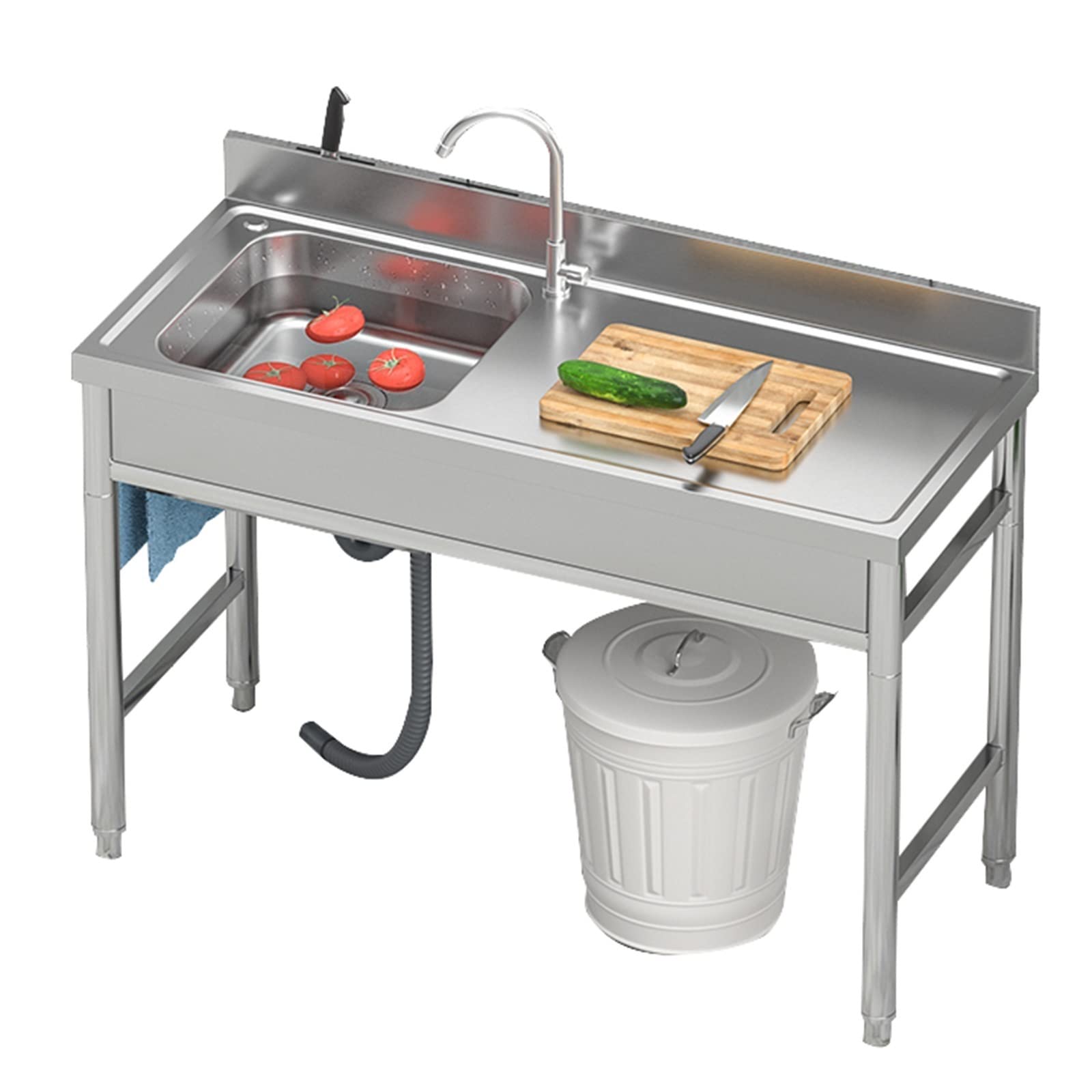 WIQUYBML Free Standing Kitchen Sink, 1 Compartment Stainless Steel Sink with Workbench, Commercial Restaurant Set Prep & Utility Washing Hand Basin for Indoor Outdoor (Color : B, Siz