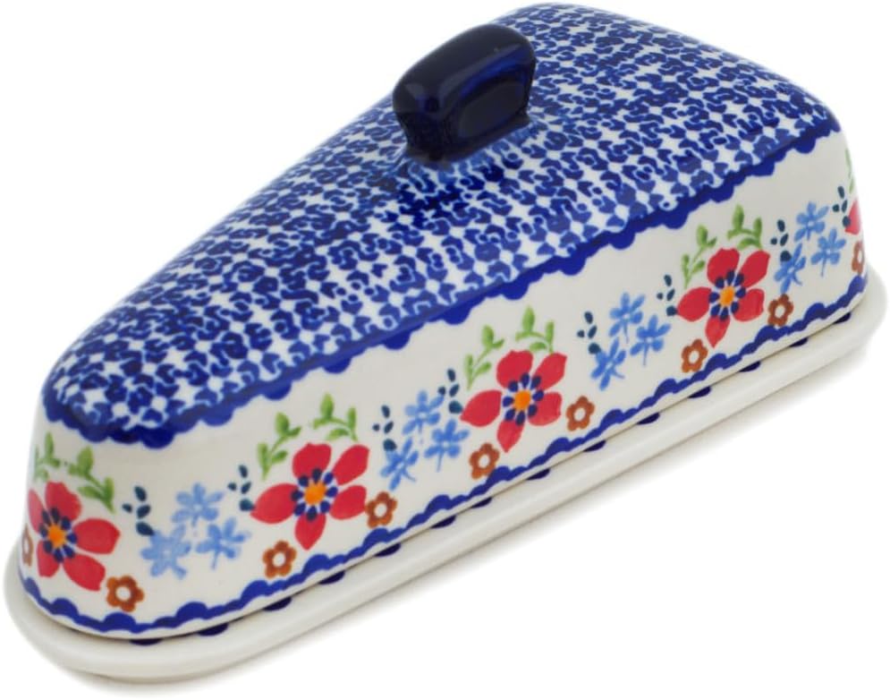 Polmedia Polish Pottery Cheese Dish - Red Flower Meadow Pattern Handmade in Boleslawiec Poland + Certificate of Authenticity