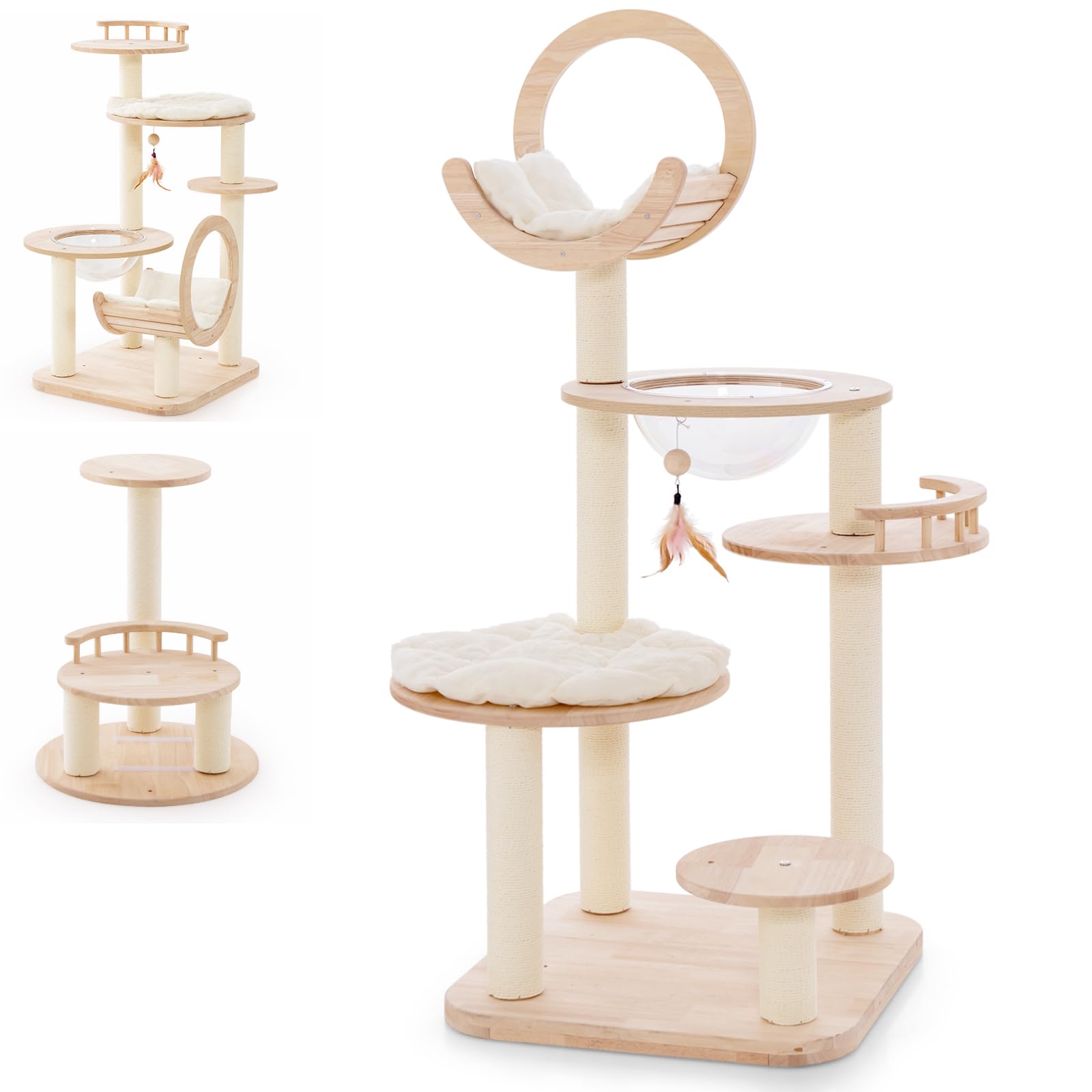 Maxmass Cat Tree, Wooden Kitten Activity Centre with Cat Bed, Space Capsule Nest, Platforms, Sisal Scratching Posts, Removable Mats & Hanging Toy, Multi-level Cats Tower for Indoor