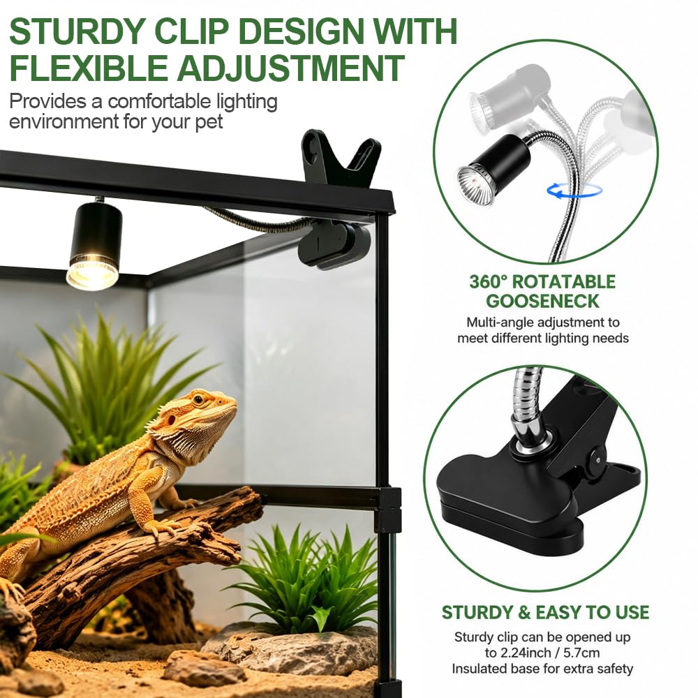Lampa grzewcza żółwia, żółwia ziemnego, gady L-ampe terrarium z zaciskiem obrotowym 360°, odpowiednia 2 żarówki UVA UVB 50 W dla żółwi, jaszczurek, wężów, pająków i gadów