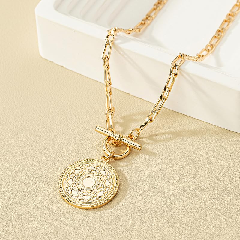 Rrdaily Trendy Gold Large Medallion Pendant Necklace for Women Punk Silver Toggle Clasp Chain Choker Necklace Birthday Anniversary Jewelry Gift4