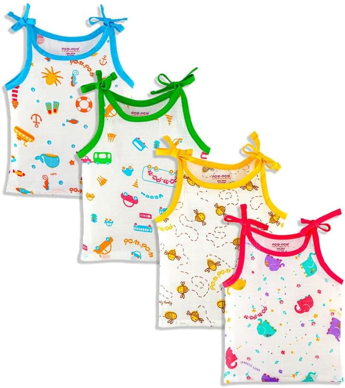 Pom Pom Sweethearts New Born Baby Soft Cotton Printed Sleeveless Jhabla/Vest/Baniyan/Knotted Tank Top for Baby Boy & Girl - Pack of 4 (0-1 Months)