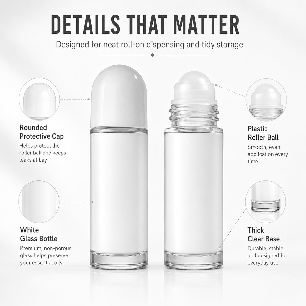 2Pcs Glass Roll-On Bottles, 50ML, White with Plastic Roller Ball and Cap for Essential Oils
