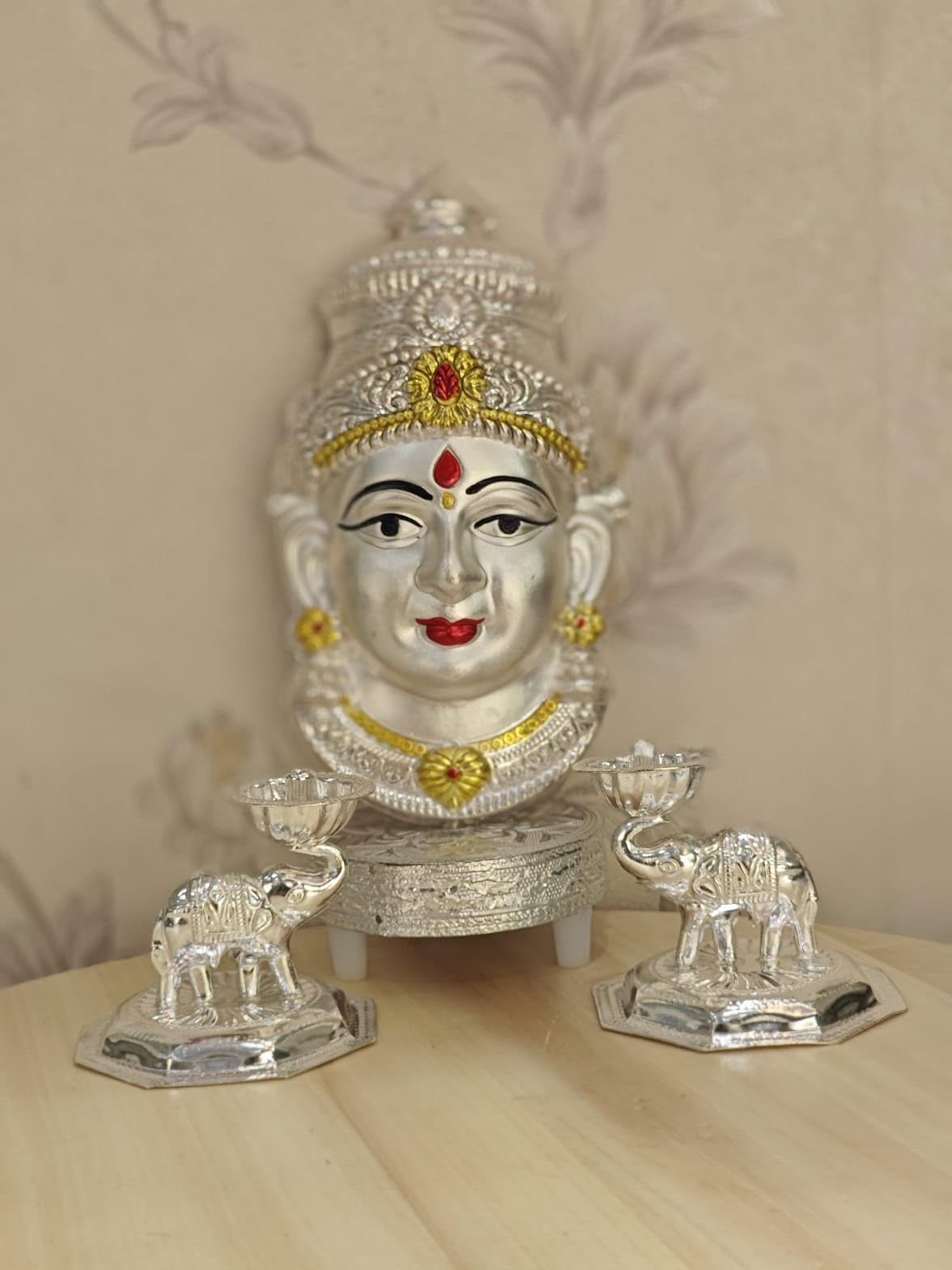 indiancraftsbykanika german silver lakshmi face with chowki stool and 2 elephant diya for vara lakshmi pooja/diwali