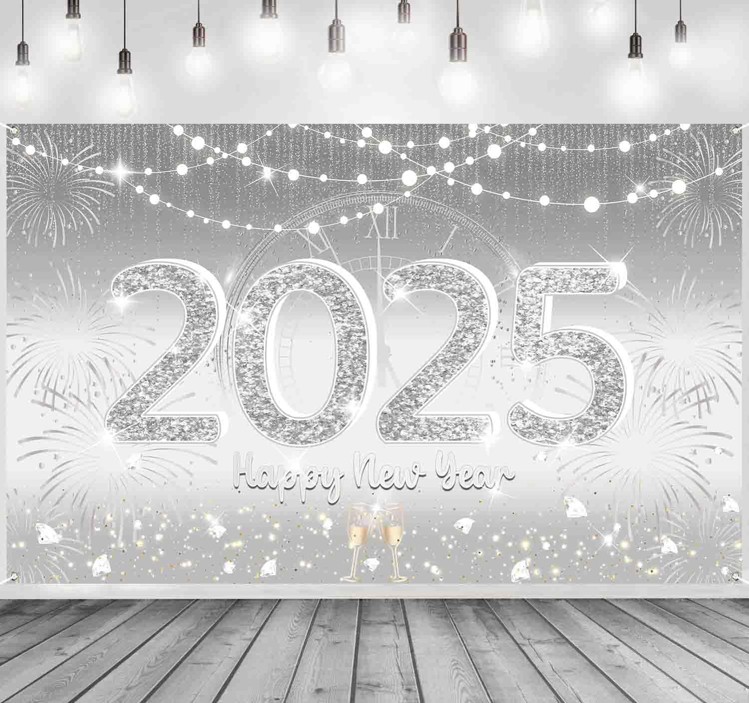 Happy New Year 2025 Decorations, Large Fabric Silver Background Banner for New Years Eve Party Supplies