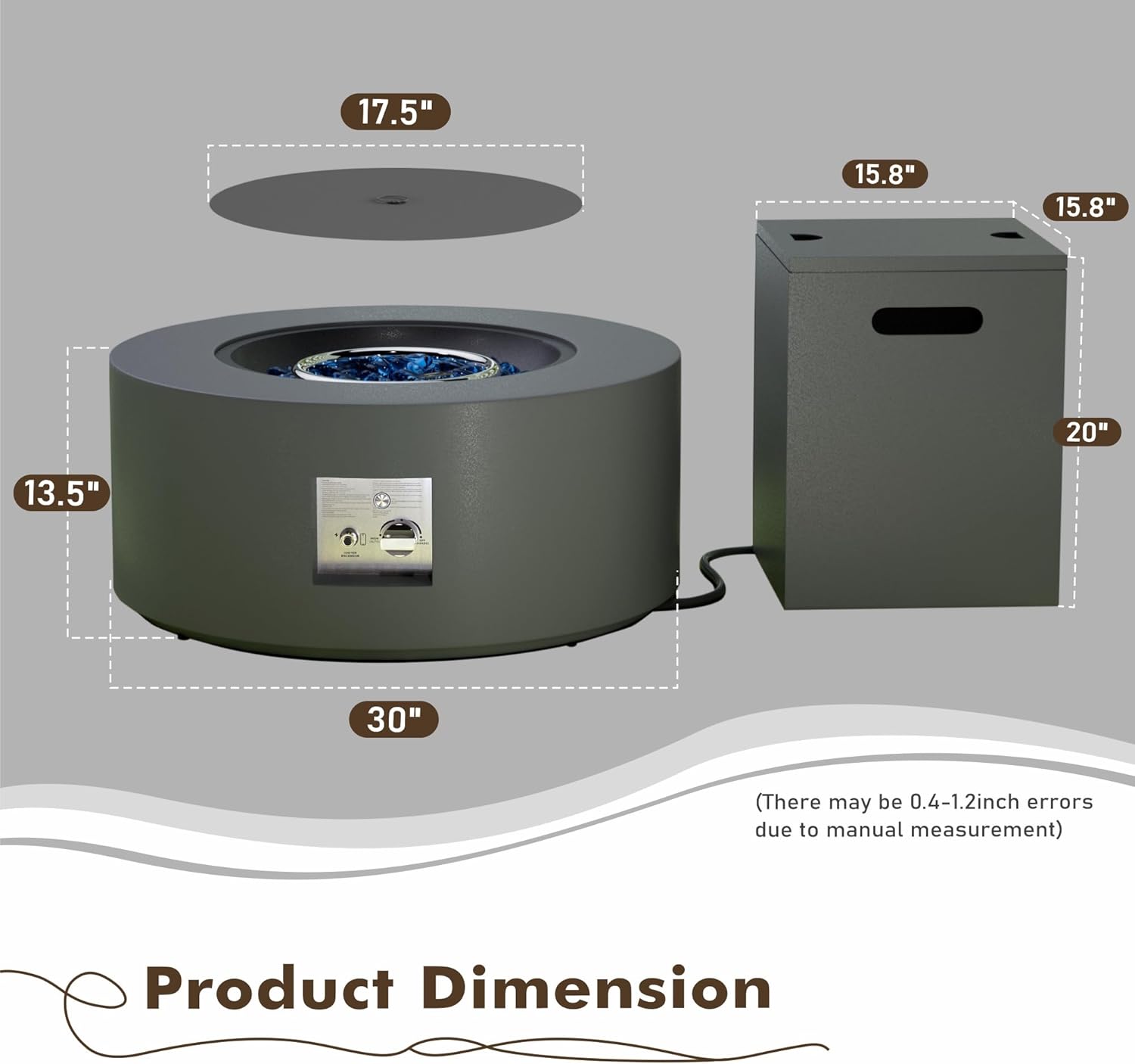 30" Round Propane Fire Pit Table - 50K BTU with Lid, Rocks Tank Storage and Cover - Round Gas Fire Pits for Outside Patio - Outdoor Table with Firepit (Grey/Golden Light, 30" Round)