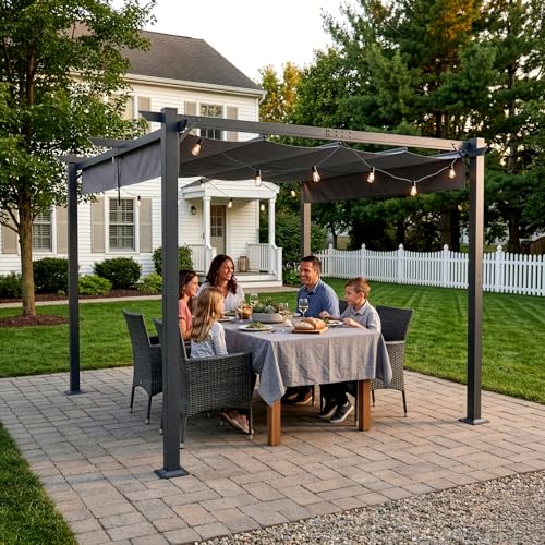 LEADZM Pergola 3x3m Stabil Freistehende Pavillon Rostbeständigem Metallrahmen verstellbarem Schiebedach Wasserdicht & UV-Schutz Gartenpavillon für Garten errasse und Feiern (Anthrazit 3x3 m)