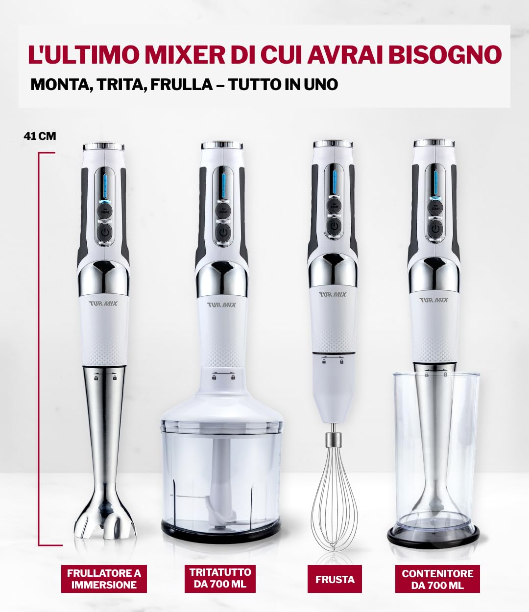 Turmix CX 422 Frullatore a immersione professionale – Frullatore a batteria in acciaio inox 1800W con accessori: tritatutto, frusta, bicchiere e base – Mixer cucina senza fili ricaricabile