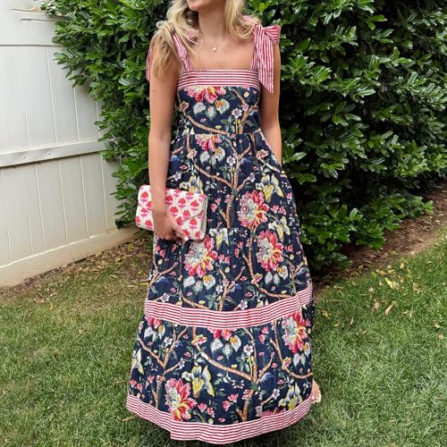Image of Women Y2k Boho Maxi Dress Tie Shoulder Backless Strappy Tiered Flowy Dress 2024 Summer Floral Beach Sundress