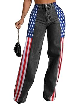 Angsuttc Womens Jeans Trendy Patch Work American Flag Denim