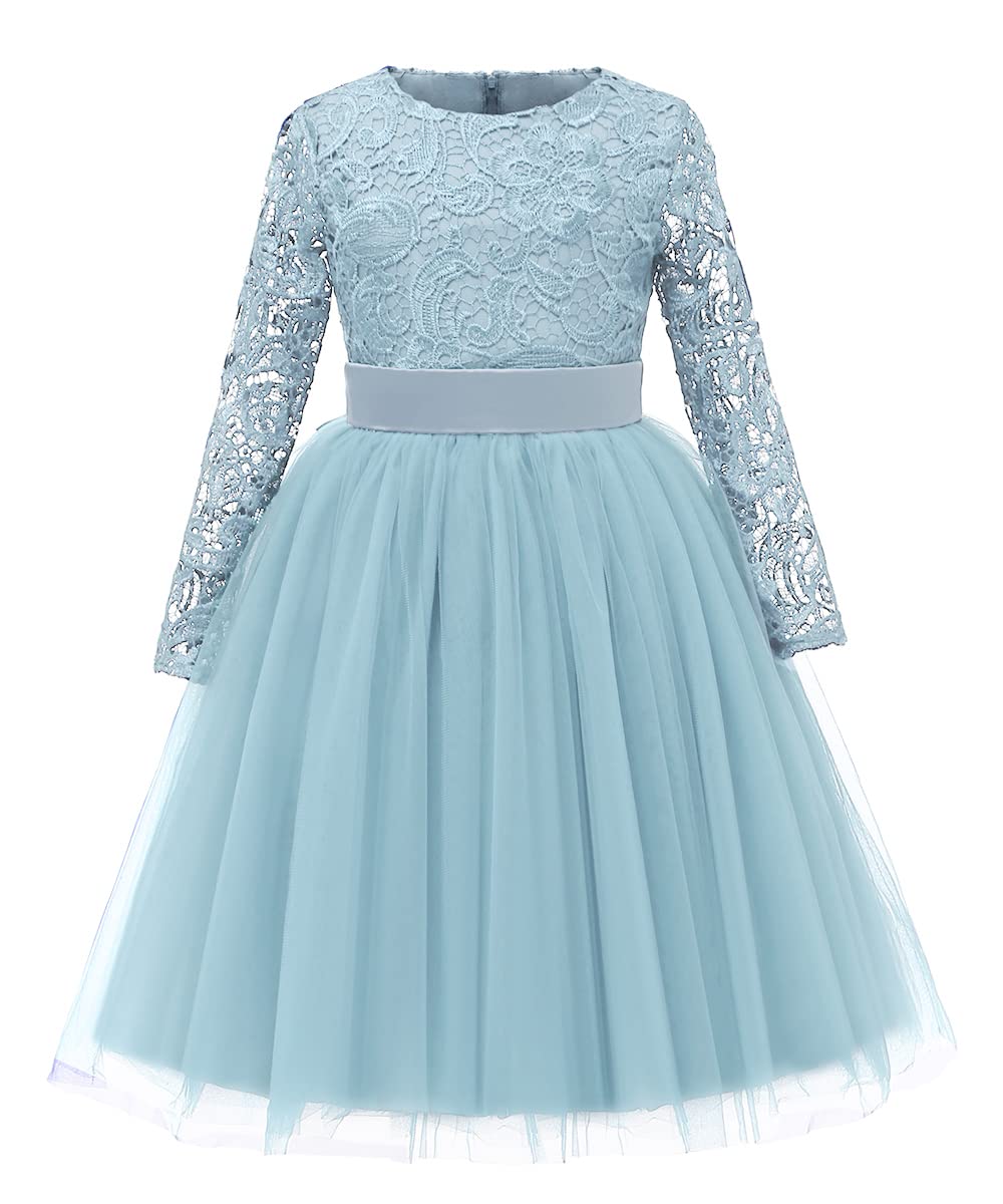 Flower Girl Dress Long Sleeves Lace Top Tulle Skirt Girls Lace Party Dresses