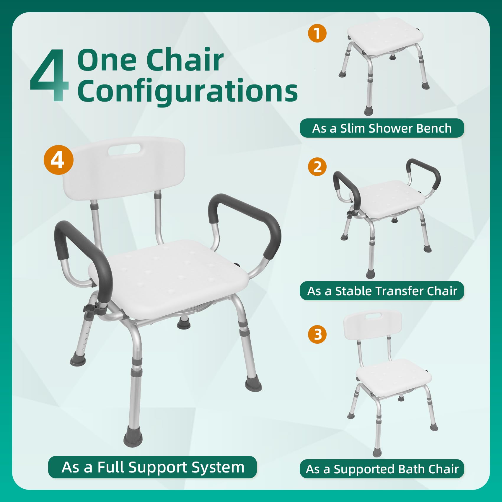 Silla de ducha giratoria con brazos y respaldo, silla de ducha resistente de 400 libras para ancianos y discapacitados, taburete de ducha ajustable en altura para ducha interior, asiento de banco de