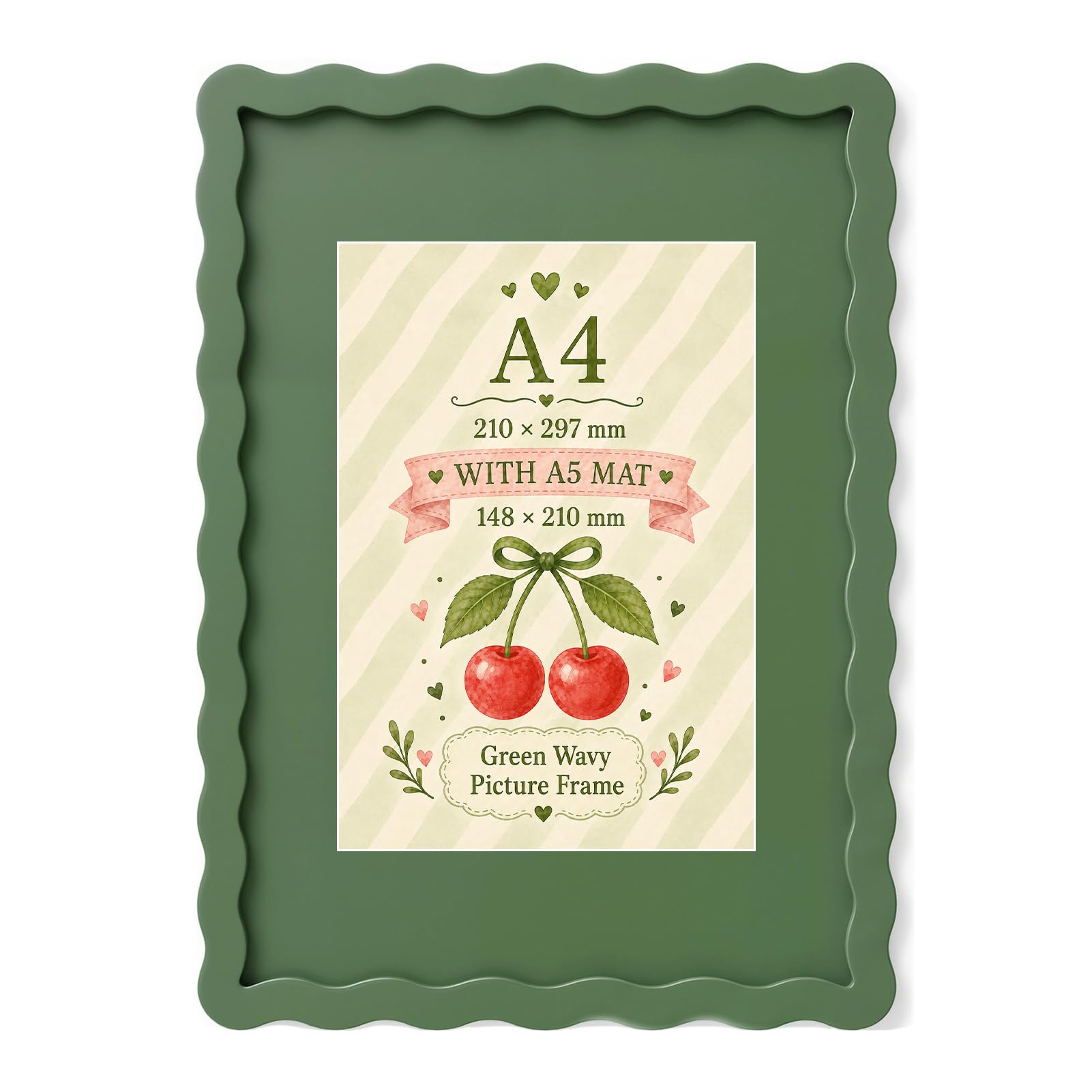 Wavy Edge MDF Picture Frame A4 Size with A5 Mat, Wall Mount Display, Green