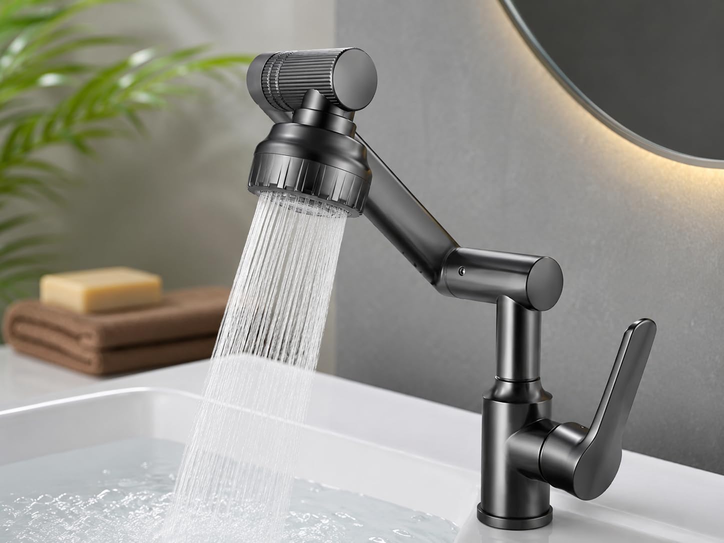 1080° Rotating Bathroom Sink Faucet, Mechanical Arm Swivel Faucet with 4 Spray Modes, Hot & Cold Water Mixer Tap, Brushed Gunmetal Gray-image-24
