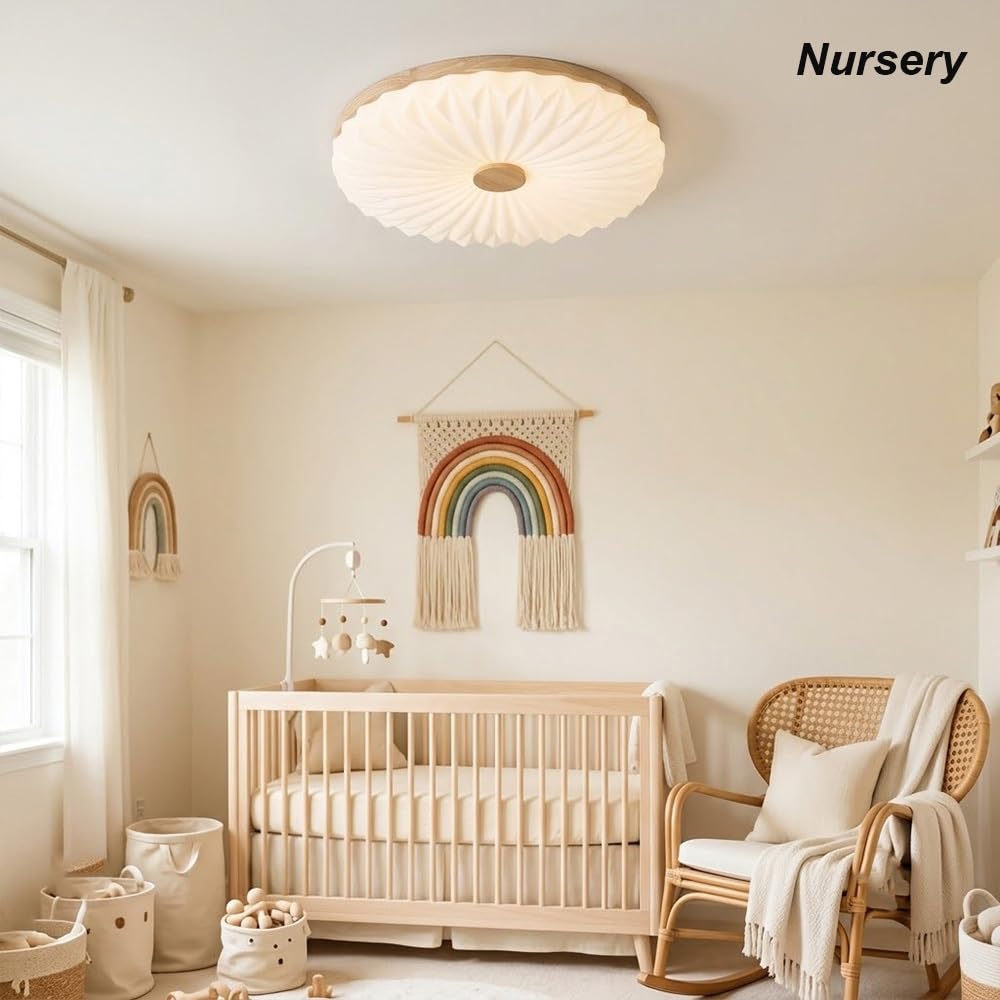 Nowoczesny Plafon Podtynkowy Okrągły, Ściemniane Plisowane Oświetlenie Sufitowe LED Nordyckie Drewniane Lampy Sufitowa do Sypialni Pokoju Dziecięcego Gabinetu