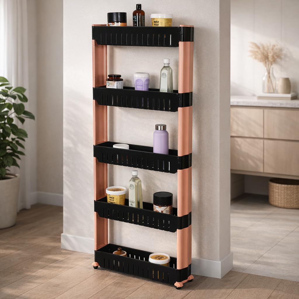 FLIPZON Slim Rolling Storage Rack – 5-Tiered Shelf Plastic Slide-Out Organizer | Space-Saving, Multipurpose | for Kitchen, Bathroom, Laundry, Pantry & Utility Storage | Floor Standing | Black & Brown