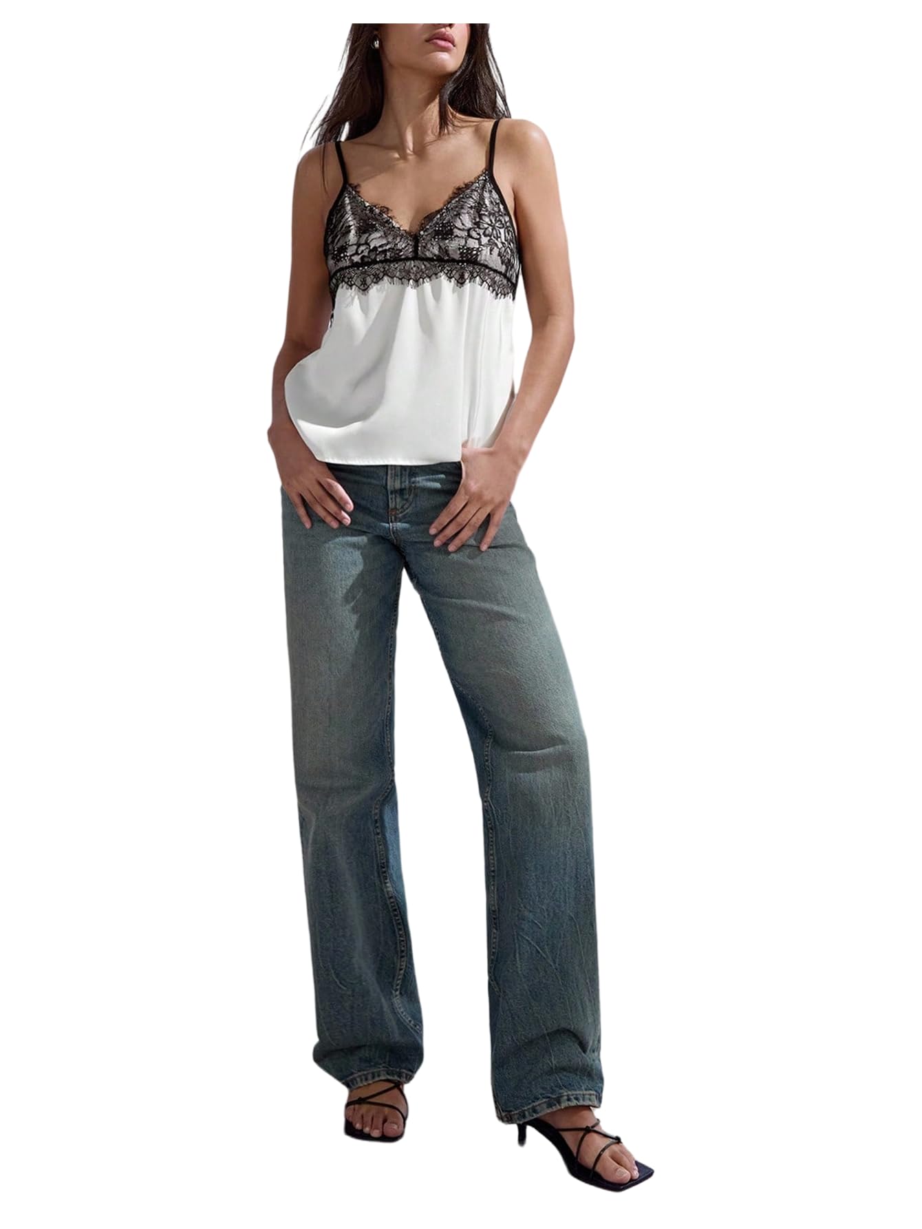 Photo 1 of MakeMeChic Women's Satin Lace Camisole Top V Neck Sleeveless Going Out Party Tank Tops Black and White Medium