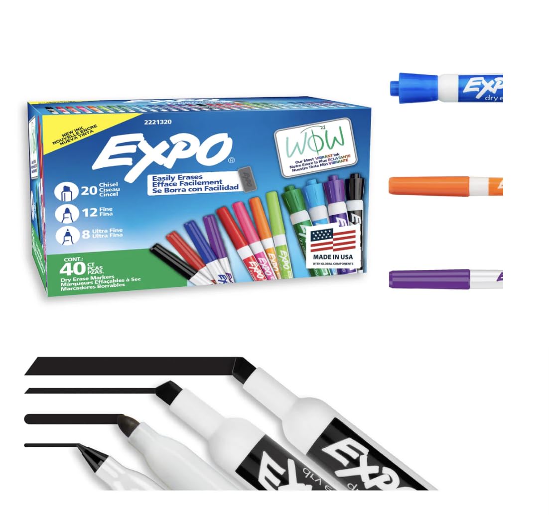 EXPO Dry Erase Markers Ultimate Pack, Chisel, Fine, and Ultra Fine Tip Markers, Assorted Colours, 40 Count