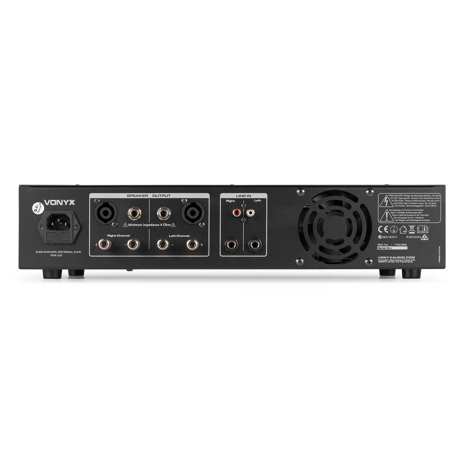 VONYX VPA1000 - Amplificateur Digital 2X 500W, Technologie sans Fil Bluetooth Intégrée, Record MP3, USB/SD, Entrées RCA, Prise Jack 6,35mm, Écran LED en Façade, Télécommande Incluse