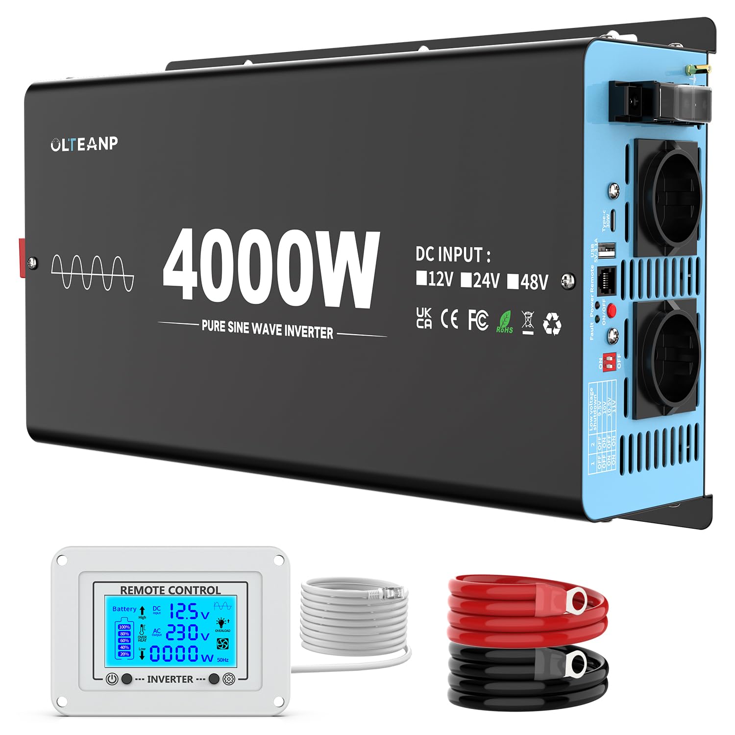 CARRYBATT zuivere sinus omvormer 1000W 12V naar 230V Stroomomvormers spanningsomvormer met 5 meter afstandsbediening met dubbele AC-uitgangen en 2.1A USB-aansluiting