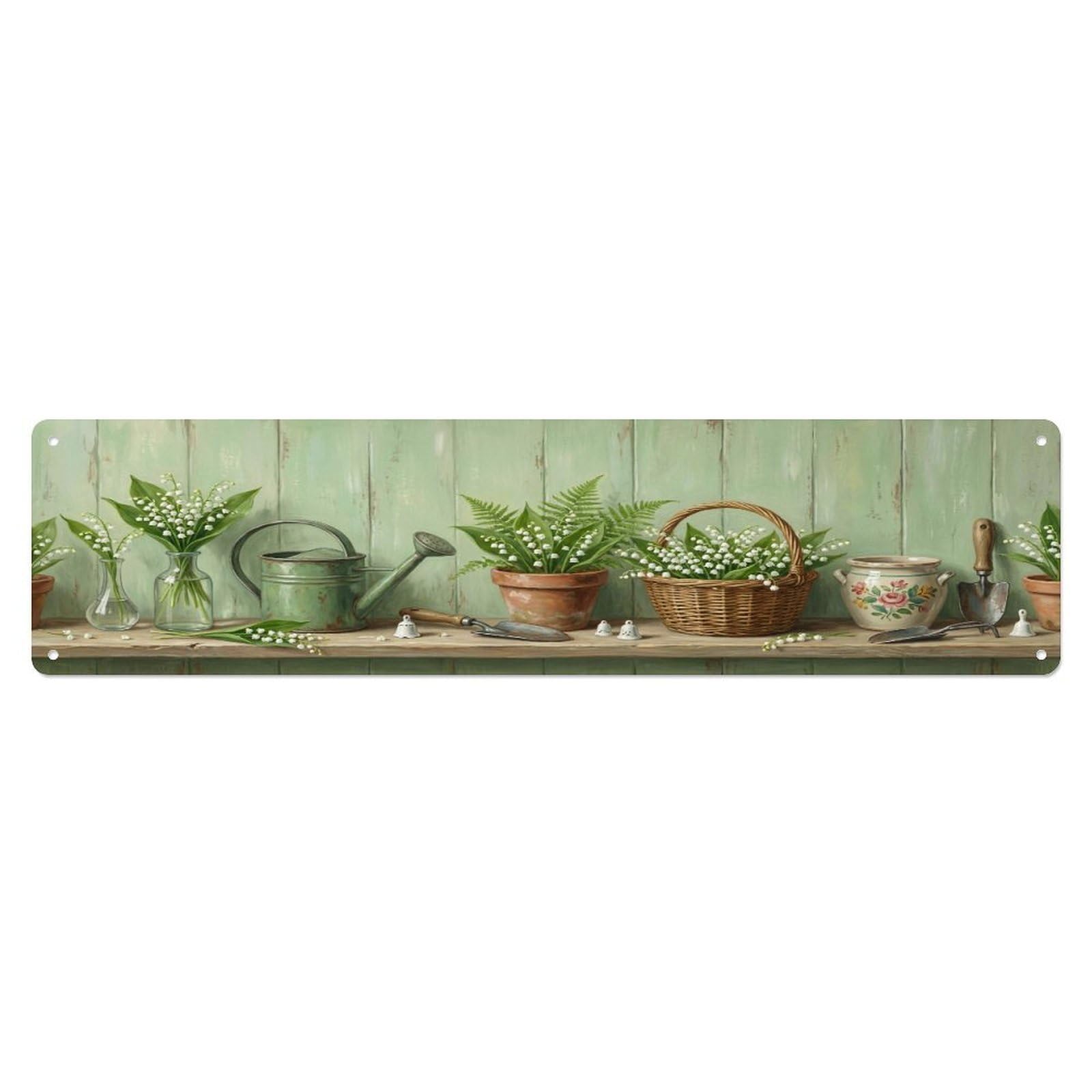 Floral Garden Tools Lily Valley Glass Pattern Print Metal Tin Sign