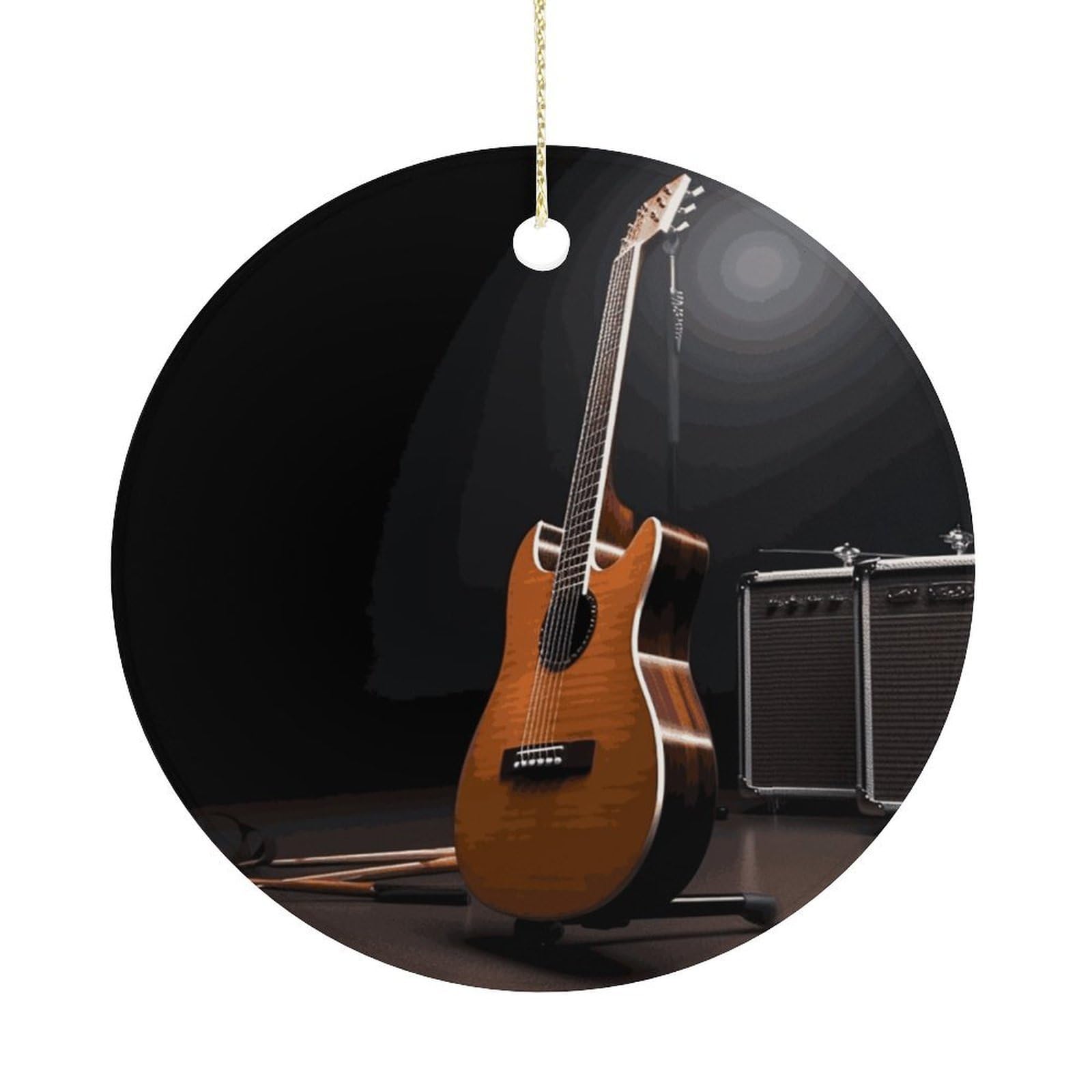 Musical Instrument Guitar Christmas Ornament,Round Ceramic Ornaments Personalized Christmas Tree Ornament for Holiday Porcelain Keepsake Gifts Ideas Home Decor