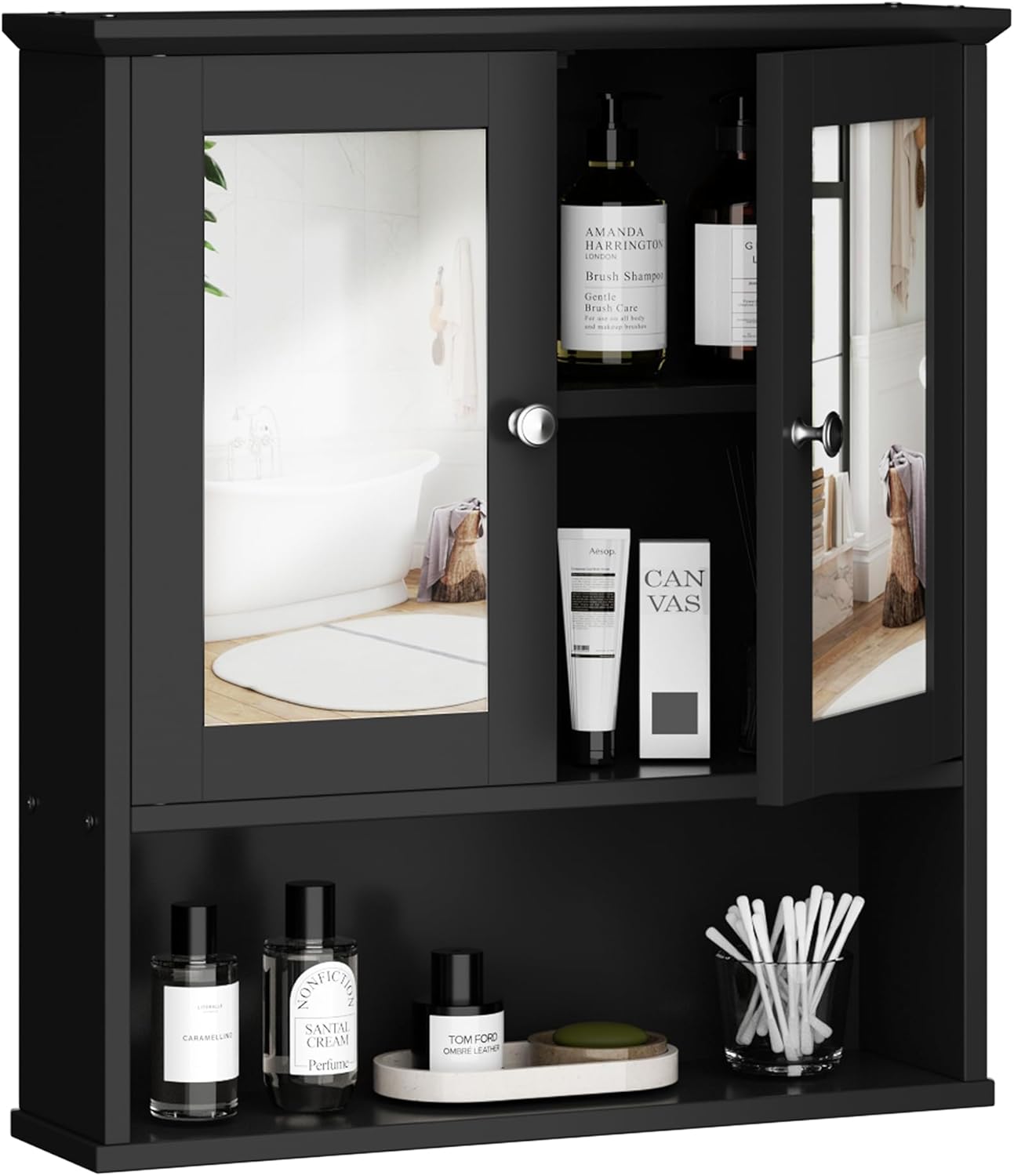 shintenchi bathroom cabinet with mirror, wood medicine cabinet with adjustable shelf, wall mount cabinet storage, cupboard, black