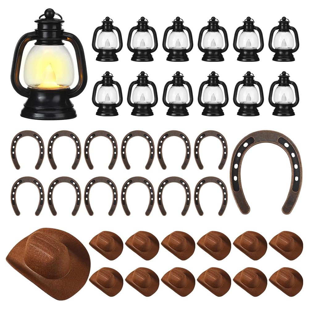 IJSDNVJNDX Cowboy Party Decorations 36Pcs Western Mini Lantern Decor 12 Lantern with Candle 12 Hanging Horseshoe 12 Cowboy Hat