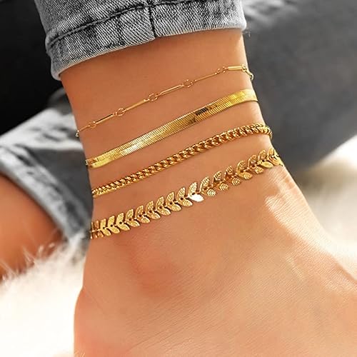 HAXIYA 4-Piece Gold Ankle Bracelet Set - Waterproof 18K Gold Plated Cuban Link and Herringbone Anklets for Trendy Summer Beach Jewelry - Image 7