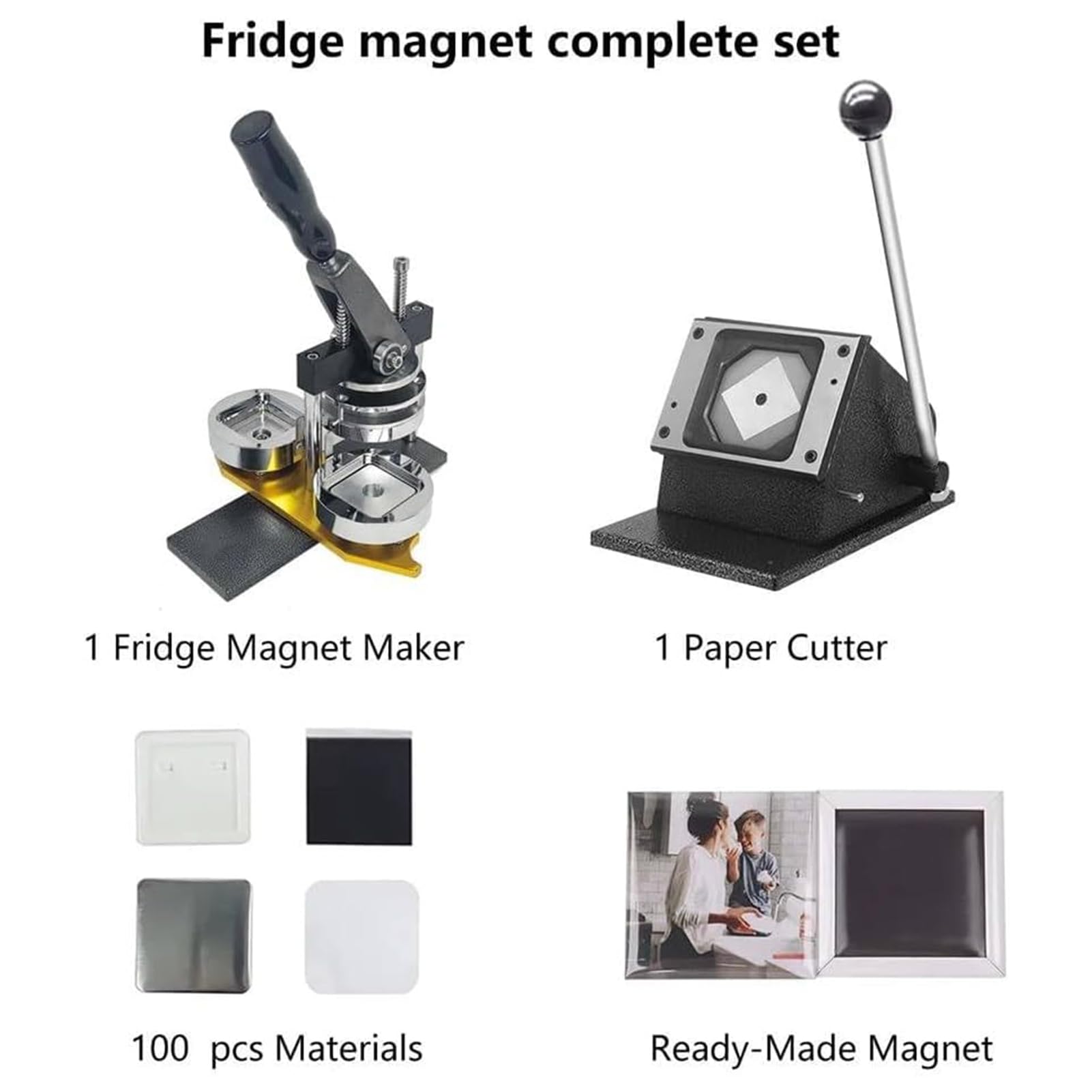 Zestaw maszyn do robienia magnesów fotograficznych – tworzy magnesy na lodówkę 50 x 50 mm, zawiera 100 elementów i narzędzie do cięcia kart do projektów rzemieślniczych DIY