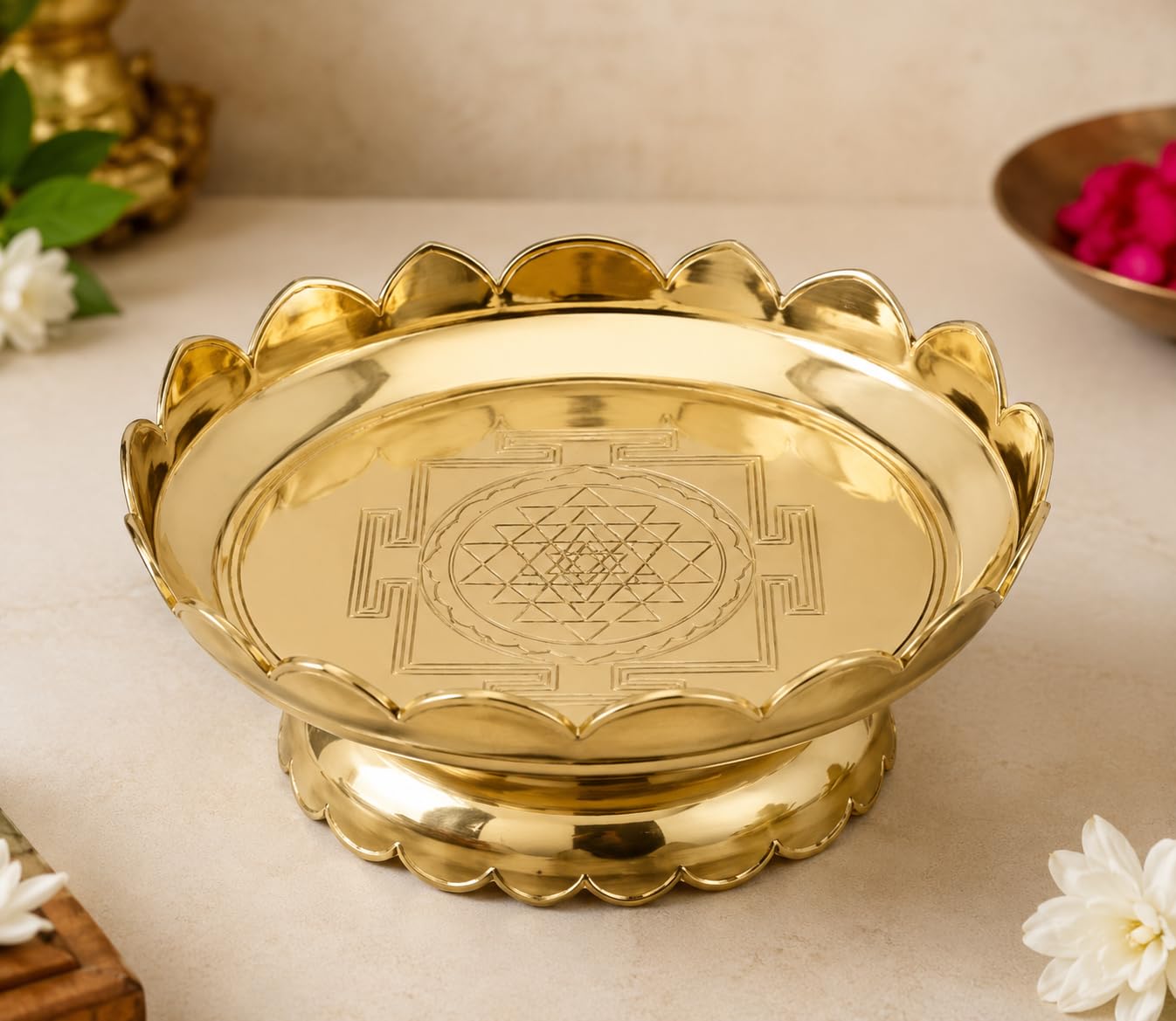 Brass Lotus Pooja Thali with Shri Yantra Engraved (4 INCH) | 100% Pure Brass, Lotus Petal Border, Attracts Positivity, Pedestal Base, Pooja & Home Décor-image-49