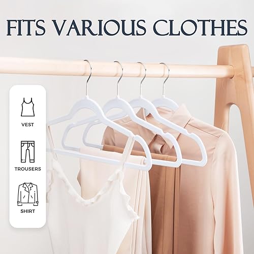 Miniatura 3 de HOUSE DAY Perchas de terciopelo blanco, paquete de 60 perchas de ropa de alta calidad, perchas antideslizantes de fieltro, perchas blancas