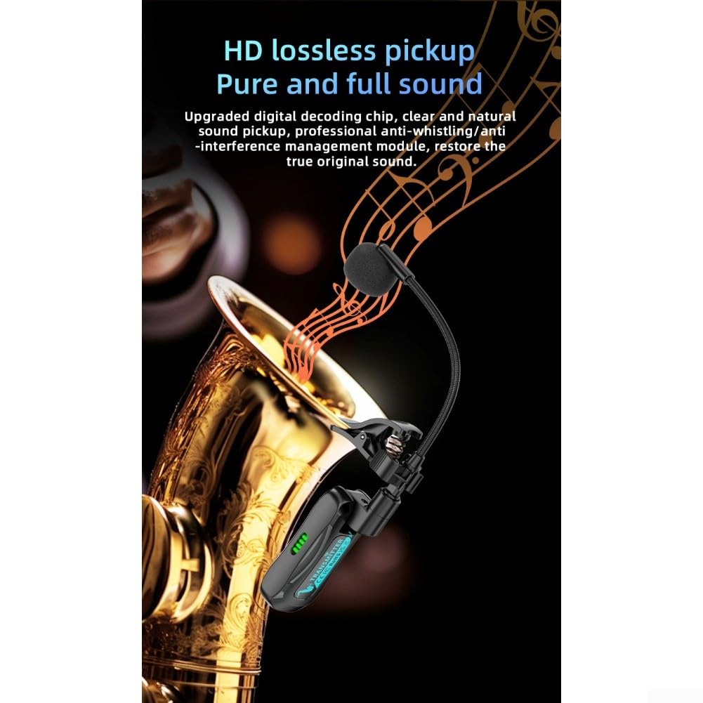 Microfono digitale wireless per sassofono: trasmissione 2,4 GHz, portata 40 m, latenza 12 ms, audio 48 K/16 bit, 98 dB SNR, compatibile con sax e tromba