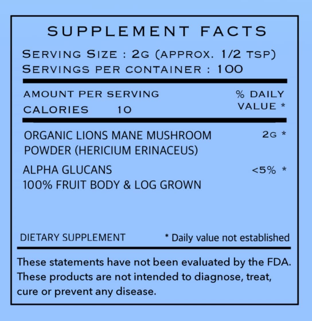 Truly Eco Friendly USDA Organic Lions Mane Mushroom Powder - 100 Servings - Log Grown 100% Fruit Body, Vegan, Memory, Focus, Cognition, Mental Clarity, Nerve Health, 200g