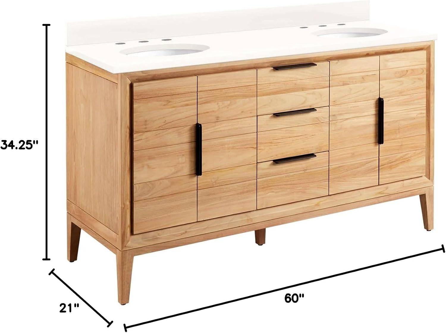 Signature Hardware 953343-60-UM-8 Aliso 60" Free Standing Double Vanity Set with Teak Cabinet, Vanity Top, and Oval Undermount Sink - 8" Faucet Holes