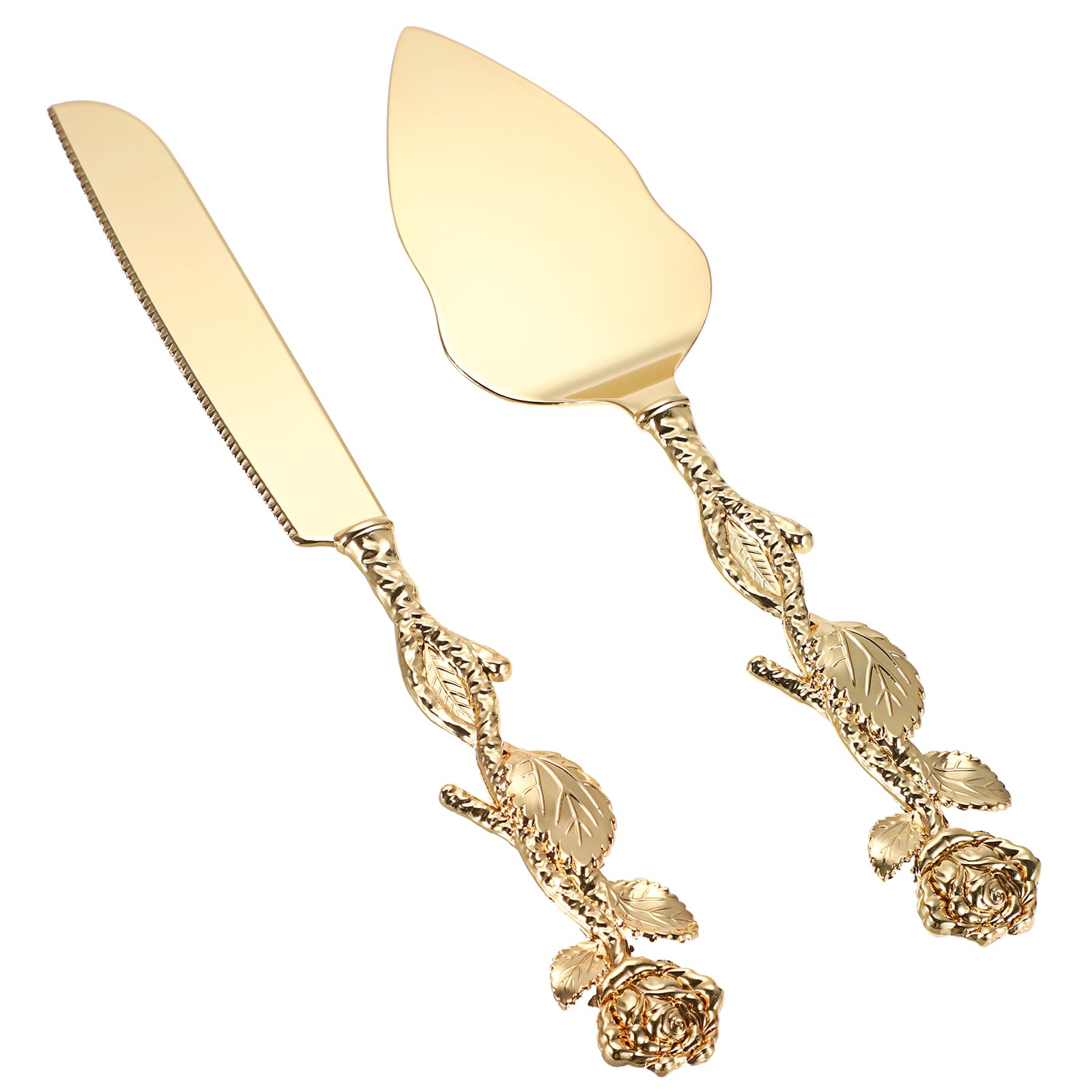 Gold Cake Knife and Server Set, Cake Pie Pastry Servers Rose Shape Handle Vintage Cake Serving Set for Wedding Birthday Parties Anniversary Christmas and Events