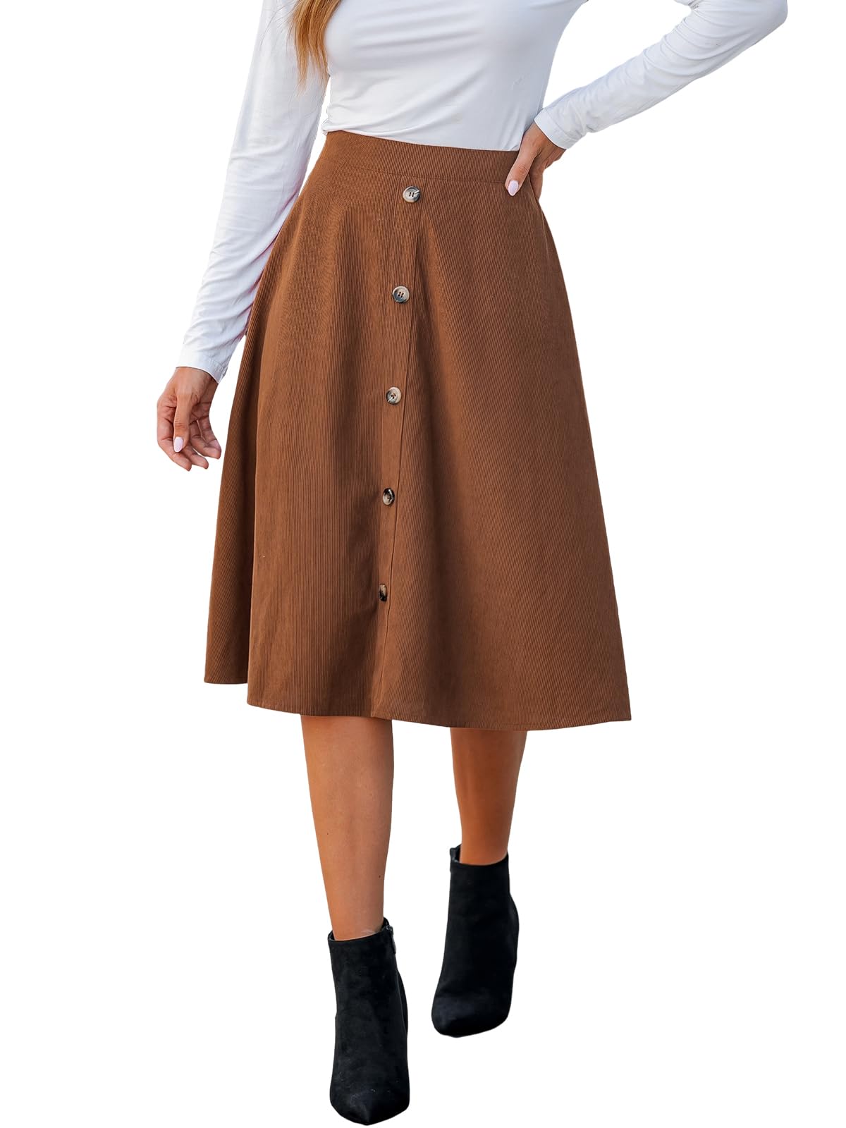 CUPSHE Damen Cordrock Hohe Taille Knöpfen A Linien Midi Rock Elegant High Waist Freizeitrock Party Short Skirt