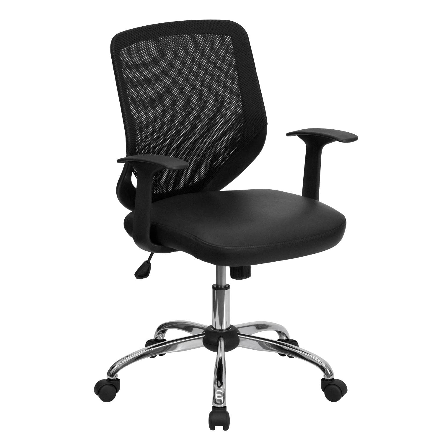 Flash FurnitureNorris Mid-Back Black Mesh Tapered Back Swivel Task Office Chair with LeatherSoft Seat, Chrome Base and T-Arms